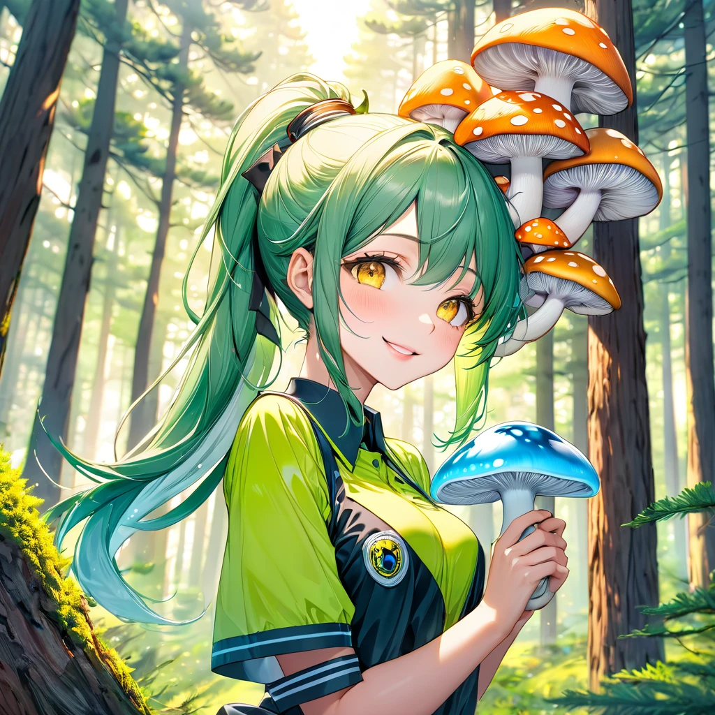 (Mountain Explorer style) (double exposure pastel color), (hand holding a detailed ??????? brown pine mushroom), (solo:2, 15 yo) (beautiful ponytail) (beautiful pastel green hair long hair) (beautiful sexy girl) (detailed cute yellow eyes) (best smile, glossy lip) (medium tits), in a summer Speculator uniform, break, in the beautiful Pine forest, BREAK, perfect ???????, masterpiece, best quality, 16k, beautiful detailed grow, daydreaming expression.