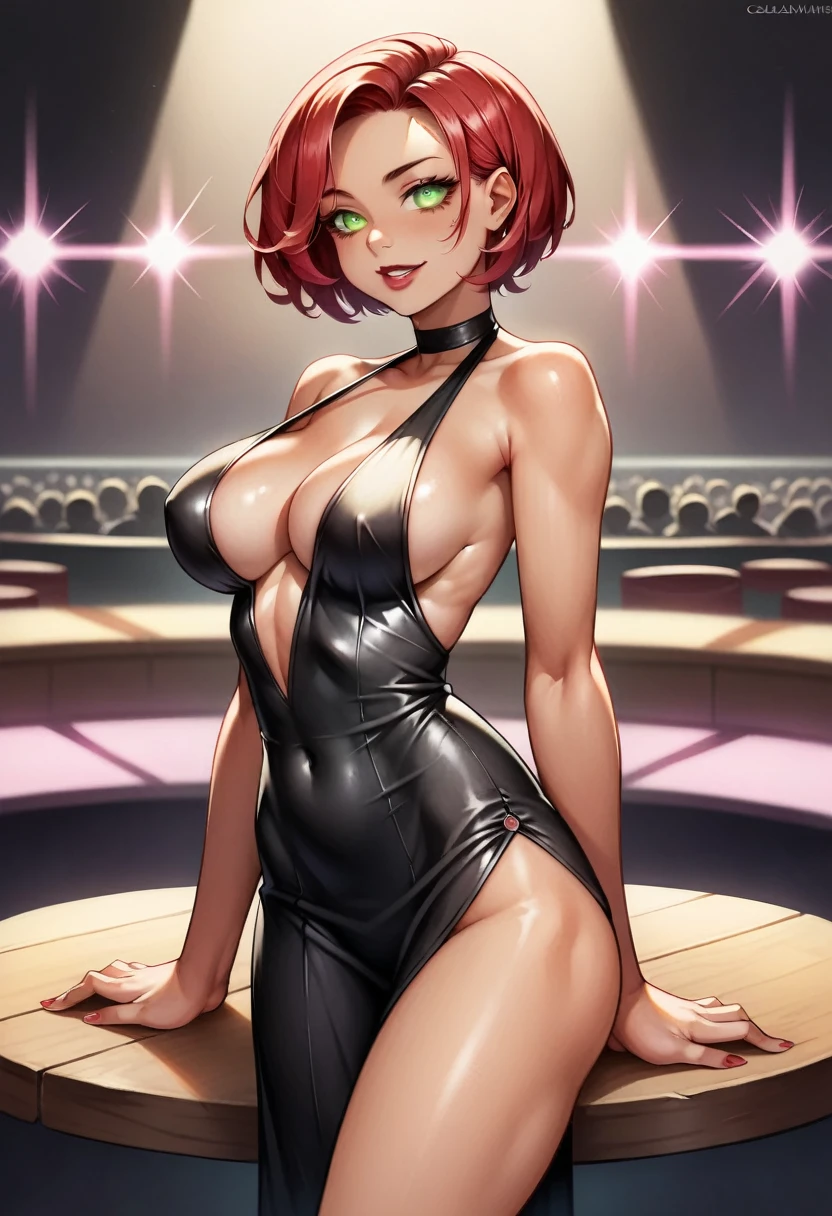 (high-level image quality), (high quality), (high resolution), (detailed), (masterpiece), (detailed eyes), beautiful woman, ((caucasian)), green eyes, red hair, short hair, dark red lipstick, busty, slender body, Detailed eyes, perfect eyes, Detailed face, sensual dress, backside, seductive face, nsfw, ((club)),