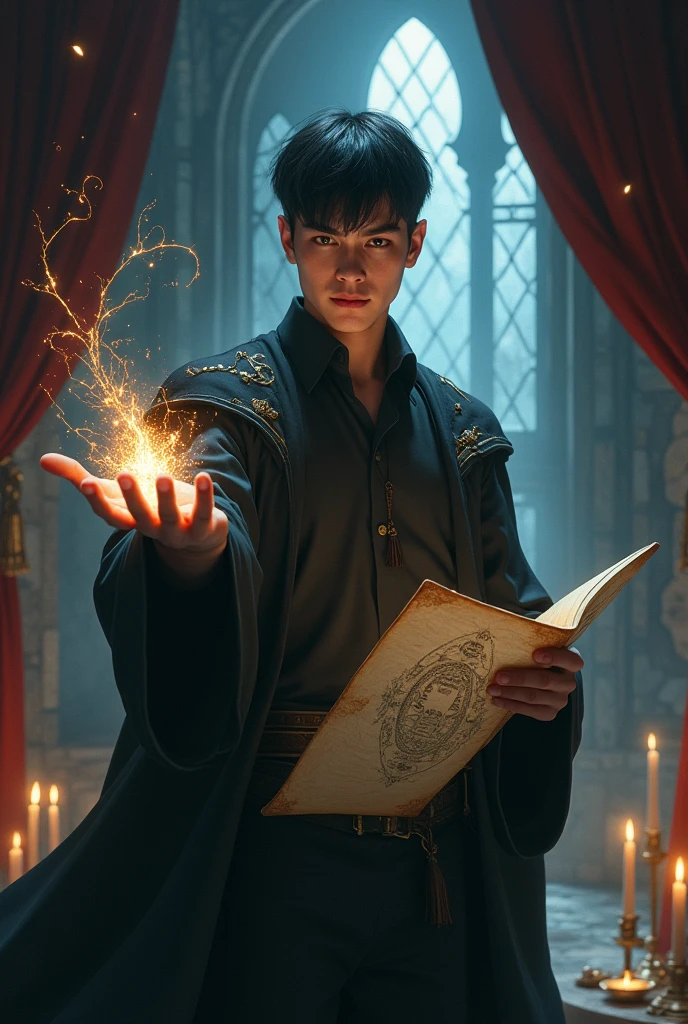 Make a cover for a book, A young man, white man with short, thin black hair, in medieval times doing black magic with one hand and a scroll in the other 