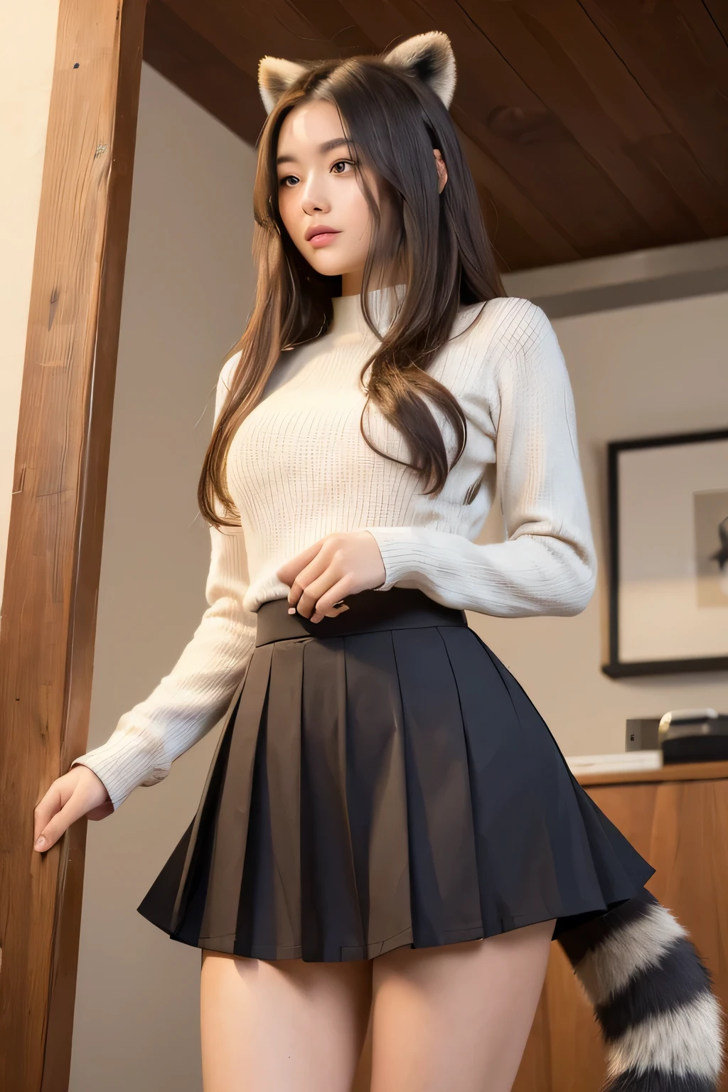((Highest quality, 8k)), ((masterpiece)), (Highest Resolution), Perfect Face, Woman with a raccoon tail, Female college student, Beautiful woman, public, ending, She has a thick tail, Big raccoon tail, She has a brown raccoon tail in her skirt., She wags her tail, Surprised face, she is wearing a short skirt, Beautiful Hips , Small breasts, The hem of the skirt is rolled up, Bushy Tail