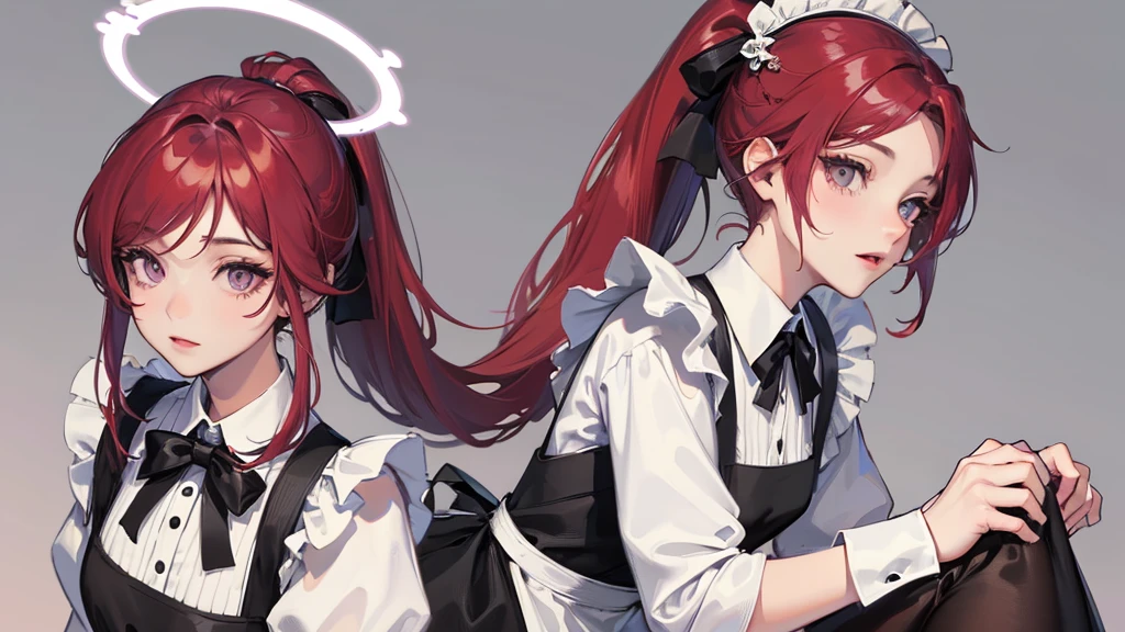 masterpiece,(best quality, illustration,detailed face:1.3),(1 woman,alone:1.3),beautiful and delicate eyes, apron, gradient_background, gradient, maid, purple eyes,red hair,,, break, enmaided, White_apron, Black color_dress, ponytail, Black color_footwear, flounce_apron, dress, maid_apron, Alternating_hair,very long hair, divided_ponytail, halo