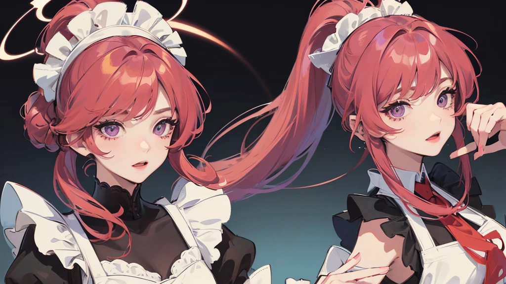masterpiece,(best quality, illustration,detailed face:1.3),(1 woman,alone:1.3),beautiful and delicate eyes,  apron, gradient_background, gradient, maid, purple eyes,red hair,,, break, enmaided, White_apron, Black color_dress, ponytail, Black color_footwear, flounce_apron, dress, maid_apron, Alternating_hair,very long hair, divided_ponytail, halo 