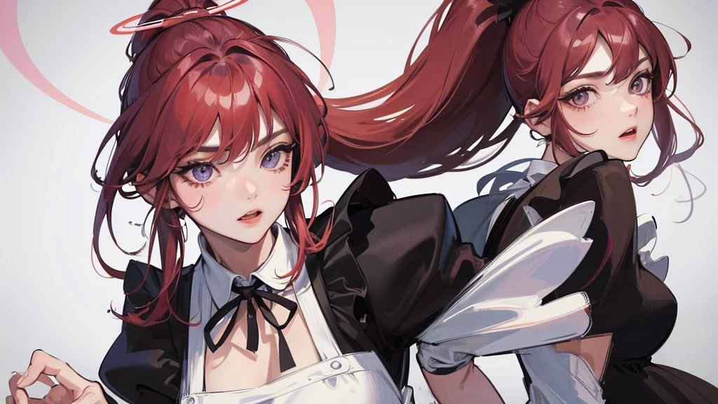 masterpiece,(best quality, illustration,detailed face:1.3),(1 woman,alone:1.3),beautiful and delicate eyes, apron, gradient_background, gradient, maid, purple eyes,red hair,,, break, enmaided, White_apron, Black color_dress, ponytail, Black color_footwear, flounce_apron, dress, maid_apron, Alternating_hair,very long hair, divided_ponytail, halo