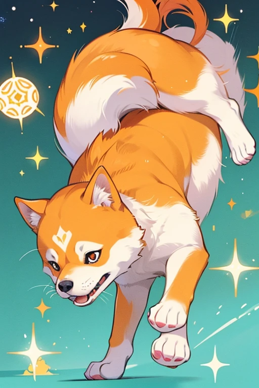 Shiba is an orange girl dog with a turquoise-and-pink diamond pattern, white eye spots, muzzle, and underside, and yellow cheeks. SPARKLE; GLITTER