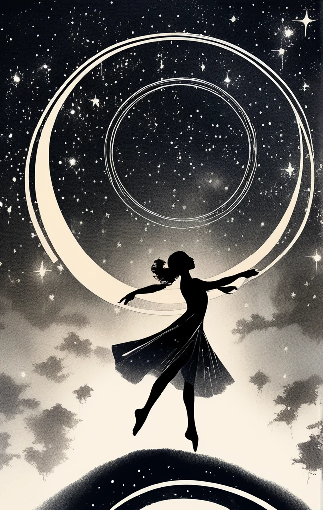 A girl is dancing rhythmic gymnastics ribbon surrounded by the Andromeda Galaxy in a starry sky. The background is black and around the silhouette of the girl are white stars and lines forming the Andromeda Galaxy. Olympic rings symbol, light art installation style, high resolution, dreamy effect, fantastic landscape, minimalist design.