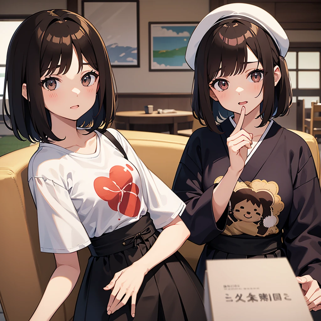 Brown bob hair A cute half-Japanese woman who looks like Anna Morisige Wide-eyed white T-shirt In the middle of the shirt Print frame
