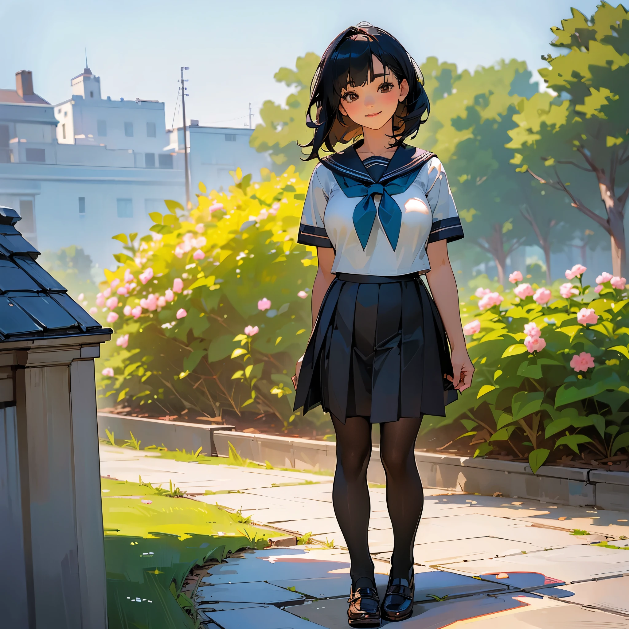 (Highest quality, High resolution, Super detailed, Realistic:1.37), Peaceful atmosphere, (Outdoor, garden), girl standing alone,(my breasts are big.),Beautifully detailed features, Cute Smile, ((Black bob hair)),Short-sleeved sailor uniform, Pleated skirt,Black tights,Brown leather shoes.