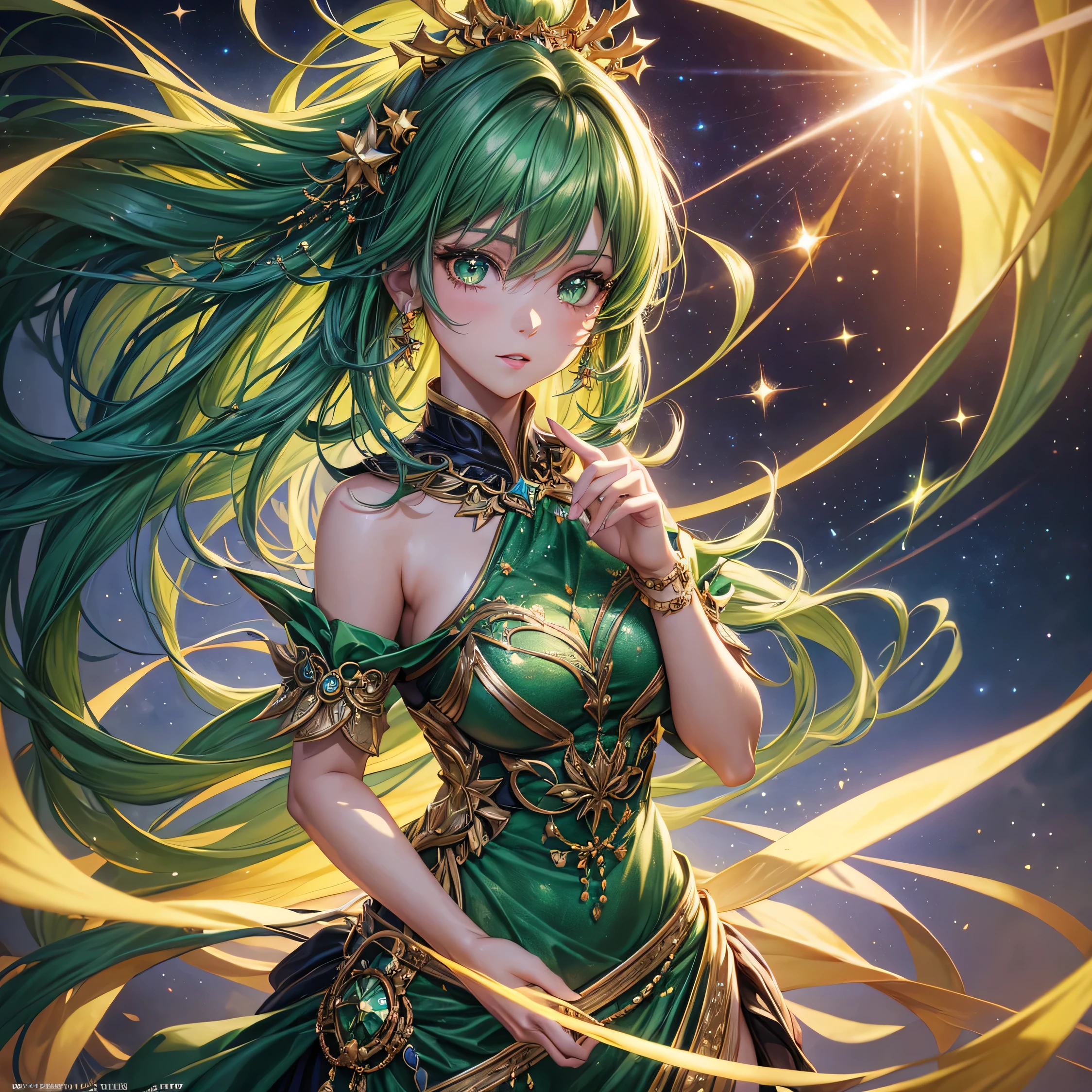 matte painting of a green haired anime girl with sparkling brown eyes with Star motif, wearing a traditional green kebaya, holding hair, her hand is wearing a sparkling green ring, detailed glitter, deep color, fantastic, intricate details, splash screen, complementary colors, fantasy concept art, 8k resolution is trending in Artstation Unreal Engine 5 " glamorous and glittering, with Realistic Glitter Sequined Portrait. 4k, very detail, whole body