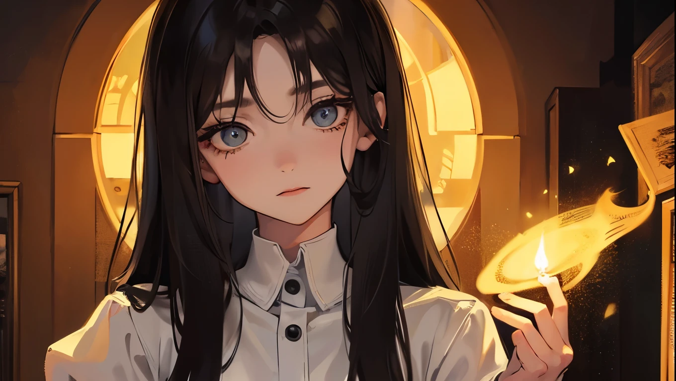 masterpiece,(best quality, illustration,detailed face:1.3),(1 woman,alone:1.3),beautiful and delicate eyes, black long hair, Looks spicy, Light a candle, Dark interior, expressionless, scary, fear, ghost story, In a dark room, spooky