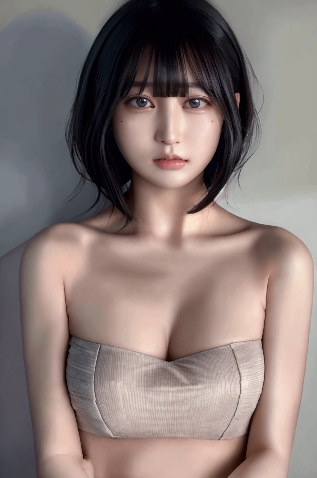 (Highest quality:1.4),(masterpiece:1.4),(Realistic:1.4),(Realistic:1.2),(超High resolution, RAW Photos:1.4),(High resolution, Very detailed:1.2),(8K:1.2),Cinematography,a photo of a dark-haired,Her hairstyle is a short bob with bangs...,One Girl,alone,(nude),((Upper Body:1.3))