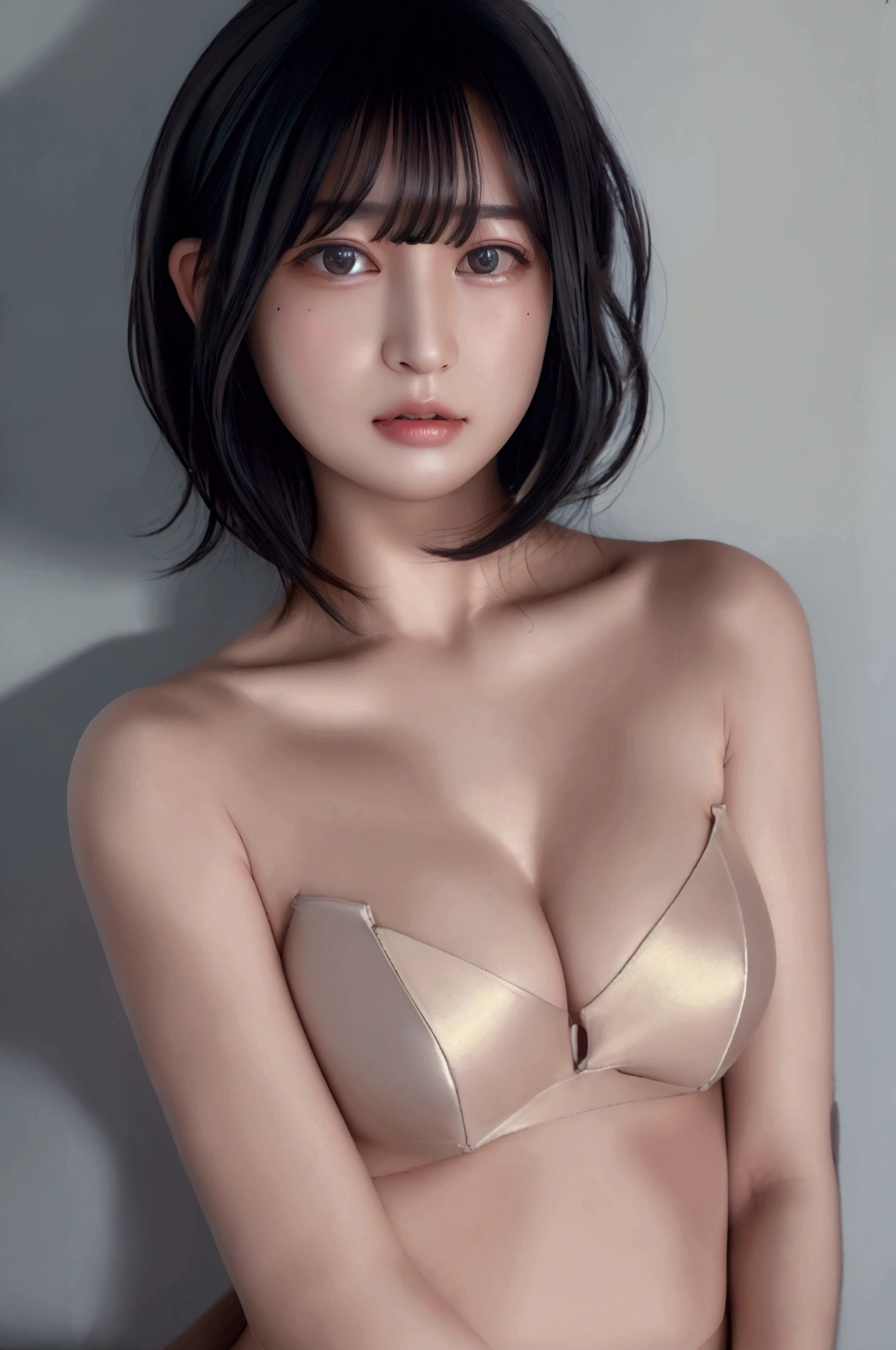 (Highest quality:1.4),(masterpiece:1.4),(Realistic:1.4),(Realistic:1.2),(超High resolution, RAW Photos:1.4),(High resolution, Very detailed:1.2),(8K:1.2),Cinematography,a photo of a dark-haired,Her hairstyle is a short bob with bangs...,One Girl,alone,(nude),((Upper Body:1.3))