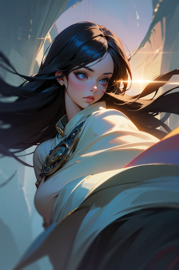 a girl with long black hair, beautiful detailed eyes, beautiful detailed lips, beautiful detailed face, large breasts, ultra-detailed, realistic, photorealistic, photo-realistic:1.37, best quality, 4k, 8k, highres, masterpiece:1.2, hyper-detailed, extremely detailed, intricate details, sharp focus, vibrant colors, dramatic lighting, fantasy, digital painting, cinematic, dramatic atmosphere