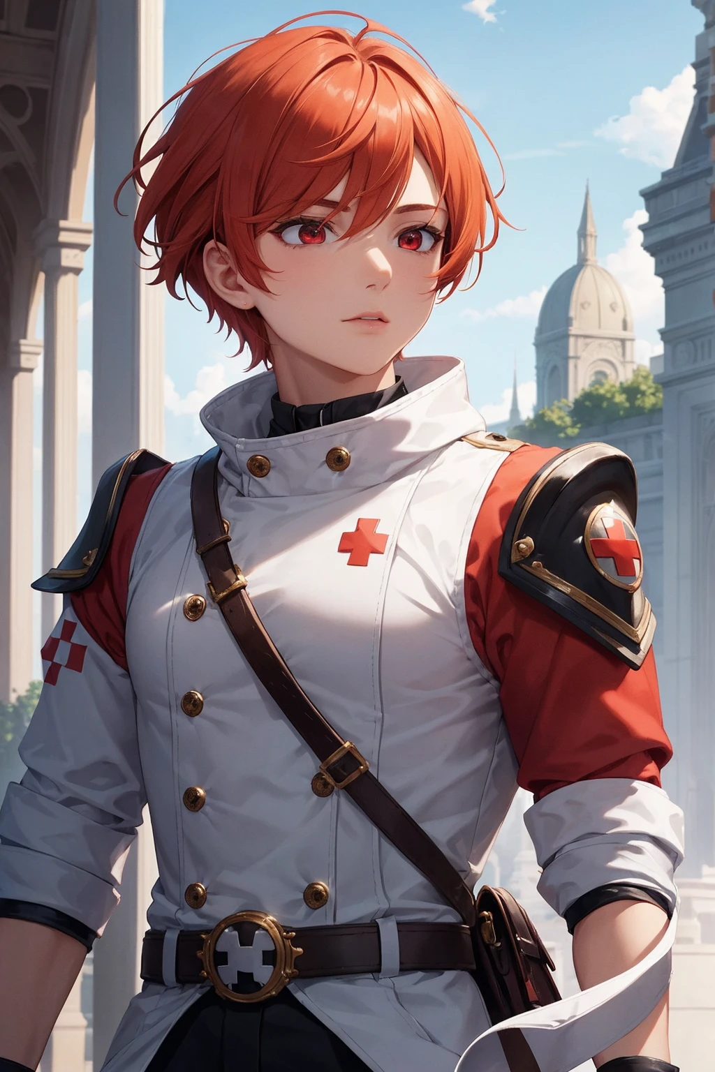 (((masterpiece; best quality: 1.2))), (finely detailed eyes: 1.3), ((1 young man)), ((solo)), (red eyes: 1.4), (body shape; lean, masculine, manly: 1.3), (very short orange hair: 1.3), (beautiful and clear background: 1.2), ((depth of field)), (equipment: high-fantasy medic garb + white long-sleeve overcoat + armband with red cross + black high-neck shirt + gloves: 1.3), (anime illustration: 1.2), (background composition; palace gardens + day: 1.1), (extremely fine and handsome: 1.1), (shot composition; standing + centered on face + bust close-up: 1.5), (facial expression; calm, stoic: 1.2)