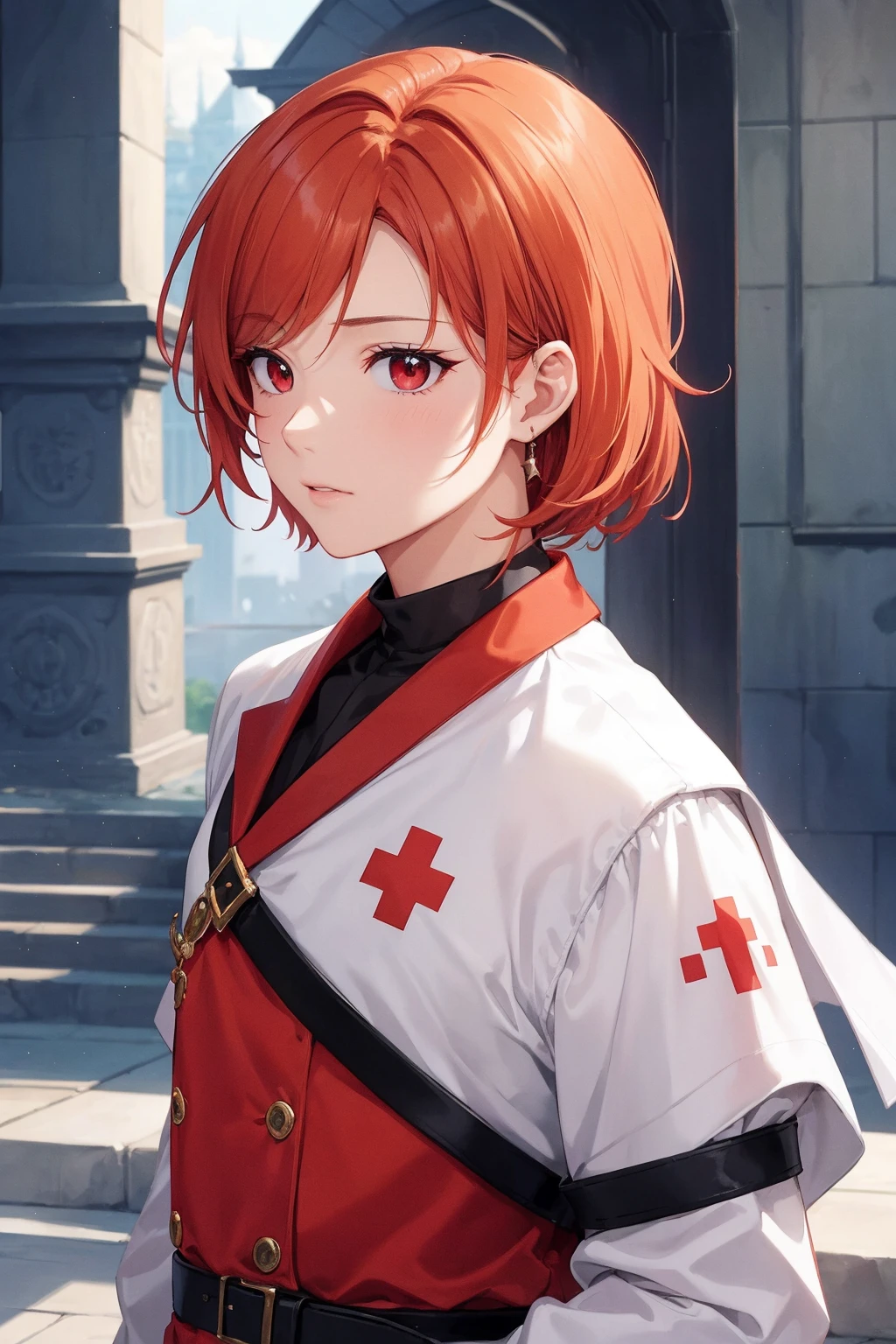 (((masterpiece; best quality: 1.2))), (finely detailed eyes: 1.3), ((1 young man)), ((solo)), (red eyes: 1.4), (body shape; lean, masculine, manly: 1.3), (very short orange hair: 1.3), (beautiful and clear background: 1.2), ((depth of field)), (equipment: high-fantasy medic garb + white long-sleeve overcoat + armband with red cross + black high-neck shirt + gloves: 1.3), (anime illustration: 1.2), (background composition; palace gardens + day: 1.1), (extremely fine and handsome: 1.1), (shot composition; standing + centered on face + bust close-up: 1.5), (facial expression; calm, stoic: 1.2)