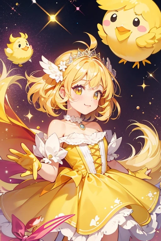 Pips is a fluffy yellow girl chick with an orange beak and pink cheeks. . SPARKLE; GLITTER