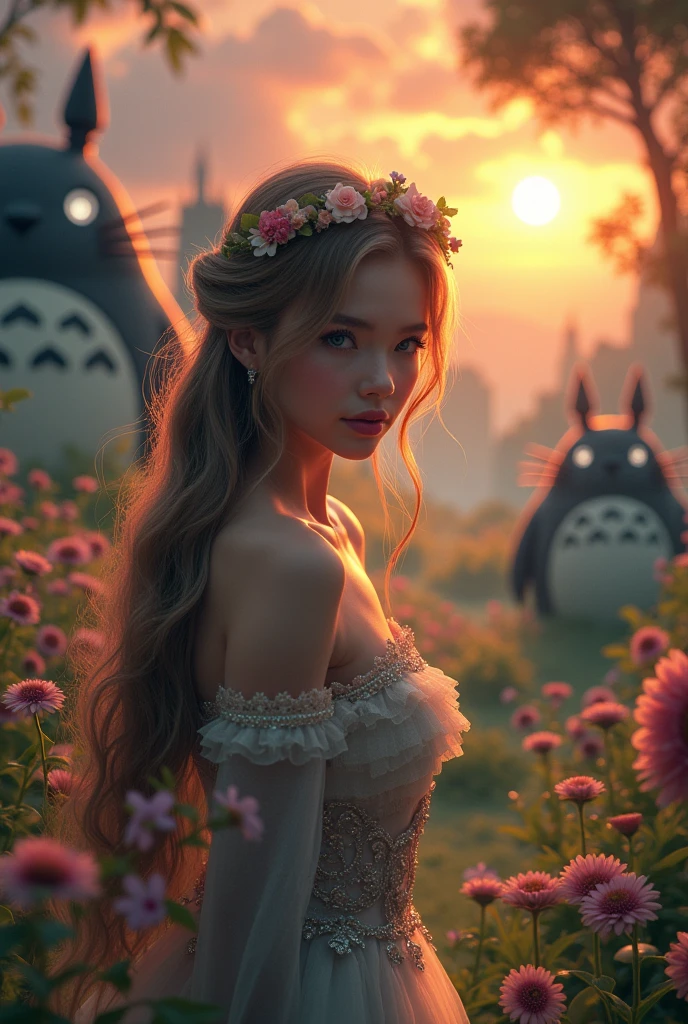 A beautiful girl in a garden, long hair, detailed face, blue eyes, pink lips, long eyelashes, detailed dress, floral crown, posing in front of a sunset, surrounded by totoro creatures, howling castle vagabond, the boss metal gear solid, ganondorf, sephiroth, detailed landscape, photorealistic, 8k, highly detailed, masterpiece, vivid colors, dramatic lighting, cinematic composition