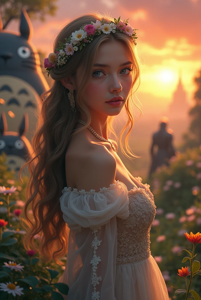 A beautiful girl in a garden, long hair, detailed face, blue eyes, pink lips, long eyelashes, detailed dress, floral crown, posing in front of a sunset, surrounded by totoro creatures, howling castle vagabond, the boss metal gear solid, ganondorf, sephiroth, detailed landscape, photorealistic, 8k, highly detailed, masterpiece, vivid colors, dramatic lighting, cinematic composition