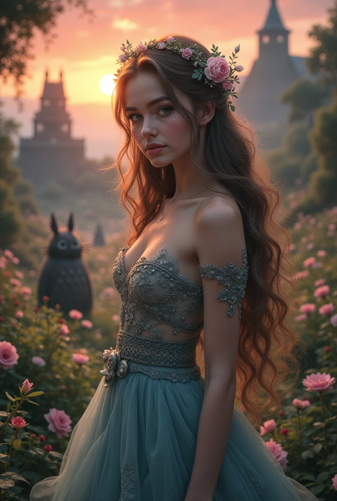 A beautiful girl in a garden, long hair, detailed face, blue eyes, pink lips, long eyelashes, detailed dress, floral crown, posing in front of a sunset, surrounded by totoro creatures, howling castle vagabond, the boss metal gear solid, ganondorf, sephiroth, detailed landscape, photorealistic, 8k, highly detailed, masterpiece, vivid colors, dramatic lighting, cinematic composition