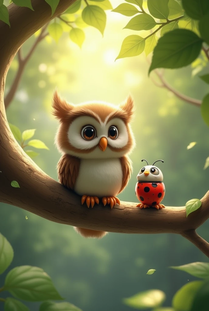 owl and ladybug on the tree branch