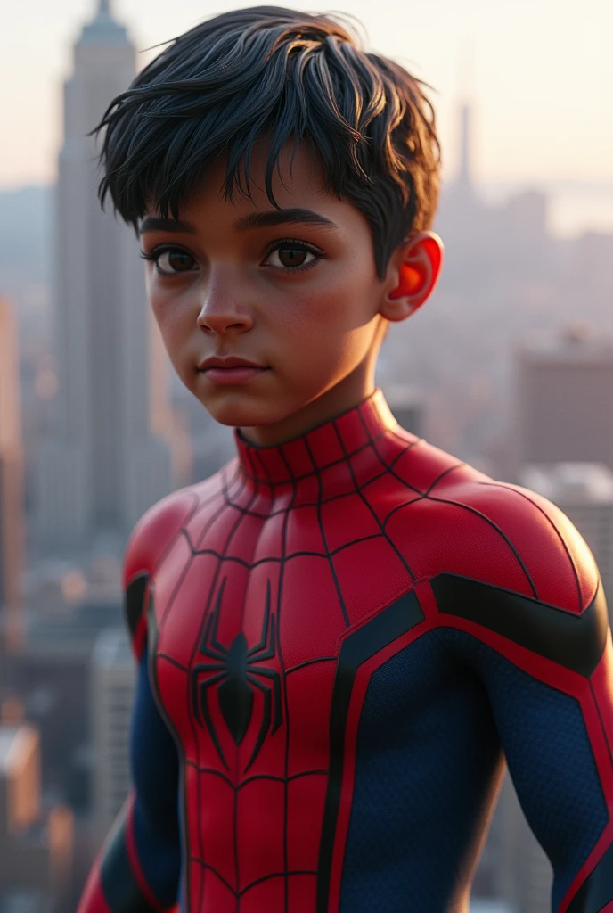 Realistic young dark-skinned spiderman with short, straight, half-parted hair 