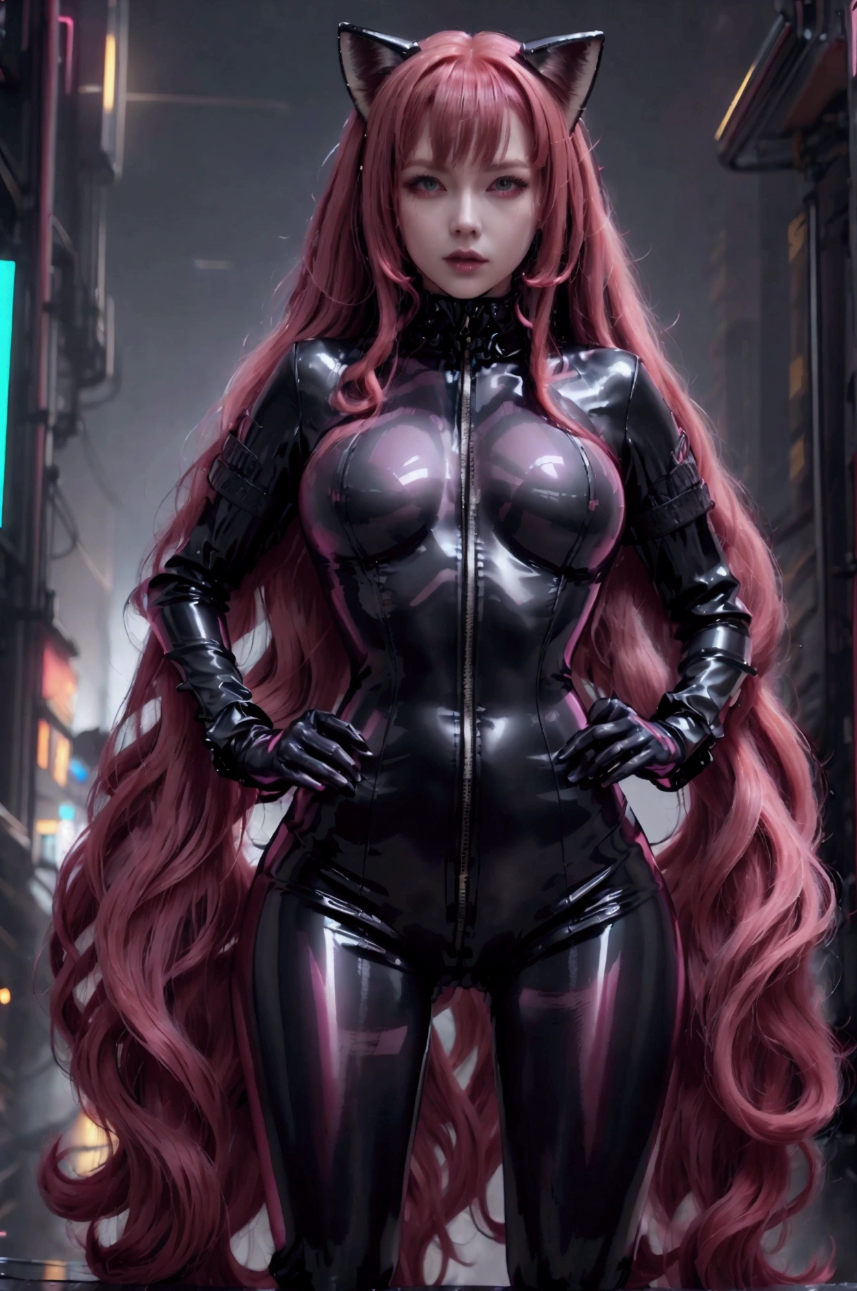 Woman dressed in extremely tight reflective translucent latex black catsuit with high collar, redhead long straight hair in the waist, Fox eyes