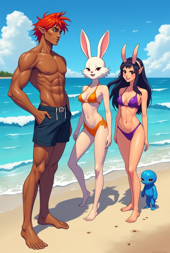 A cool sunny day in the beach  whit 4 members 
A   Brown elf  man whit read hair, a white Bunny , a sexy female satyr , a blue small slime all are wearing swimmsuit all that in amine style
