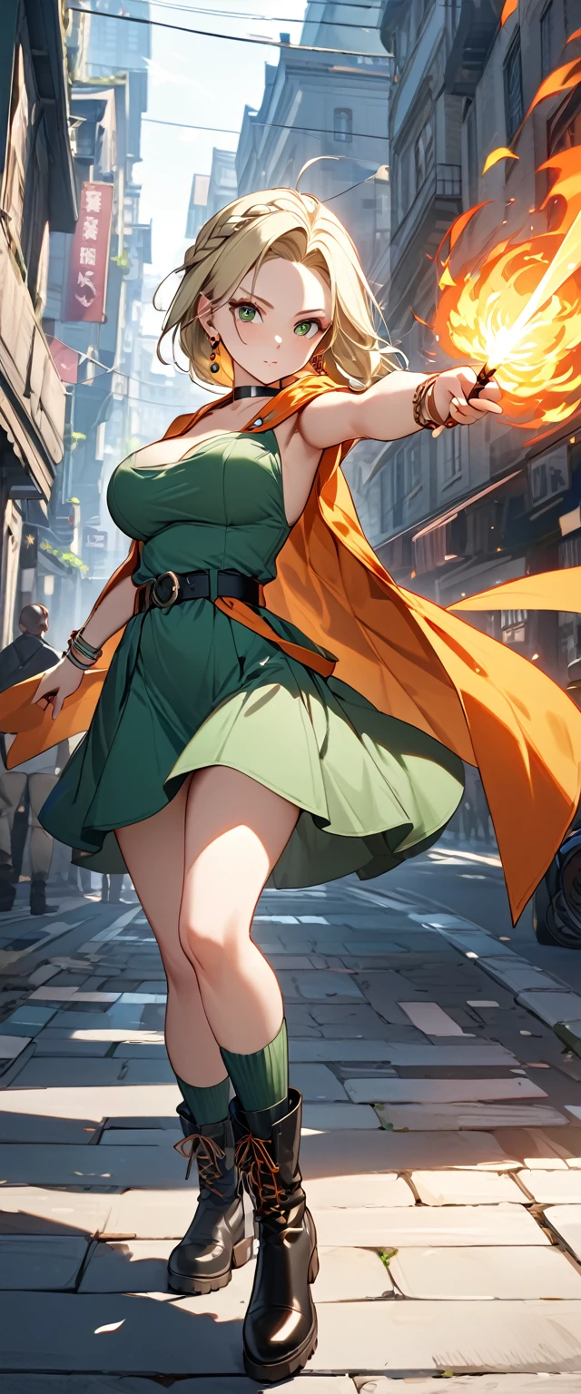 (8k, masterpiece, Highest quality, High resolution, Ultra-fine illustrations:1.2), (Beautiful attention to detail:1.2), One girl, alone, city, Outdoor, DQ Bianca, Single Blade, Earrings, choker, Orange Cape, Green Dress, belt, bracelet, Black boots, Green High Socks, Large Breasts, Contrasting , full body, braid, forehead, Waving a magic wand, Attacking with fire magic