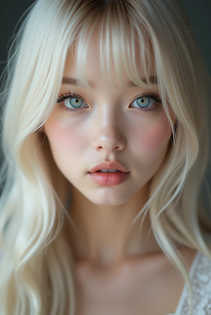 (a closeup:1.4)、(RAW shooting:1.2)、(Photorealsitic:1.4)、(masterpiece:1.3)、(top-quality:1.4)、bright expression、extremely beautyful girl、Extraordinary beautiful girl、Detailed cute and beautiful face、Beautiful bangs、Glowing white shiny skin、facial hairs、Bangs that extend to the face、Bangs between the eyes、Super long hair、Attractive light and dark platinum blonde super long straight silky hainer hair、Attractive glowing beautiful bright clear light blue big eyes、Luxurious dresses、Double eyelids、Lush bust、The upper part of the body、naked tits