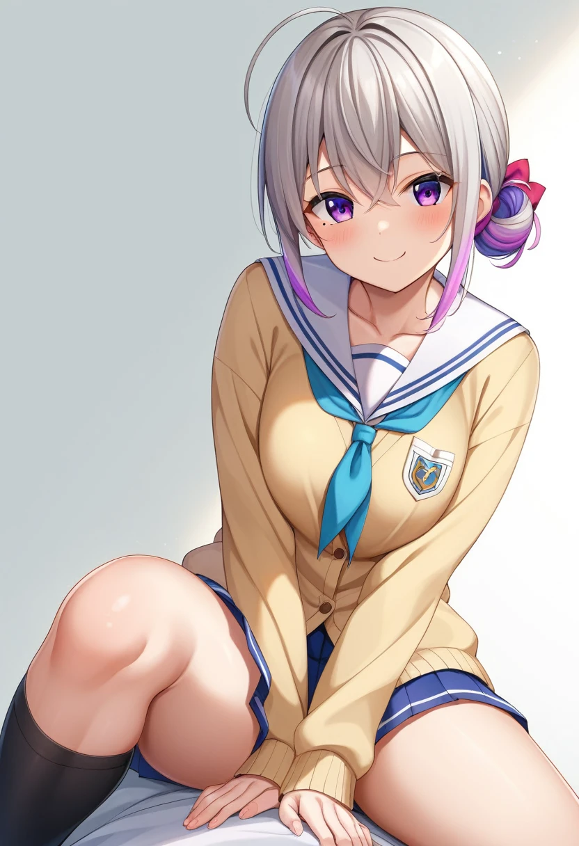 1 girl、One person、chest、Staring at the audience、smile、bangs、skirt、Big Tits、Simple Background、shirt、Knee socks、Long sleeve、White background、school uniform、Purple Eyes、clavicle、白いshirt、Ahoge、Grey Hair、プリーツskirt、chest元が開いた服、Sailor suit、黒Knee socks、Sailor collar、Off the shoulder、Hair Bun、mole、smile、neckerchief、Sleeves are longer than the wrist、目の下のmole、Double Odango、Leaning forward、cardigan、緑のskirt、黄色のneckerchief、chest元が開いたcardigan、、chest元が開いたSailor suit、緑のSailor collar、Place your hands on your thighs、chestの谷間、No eye highlights
