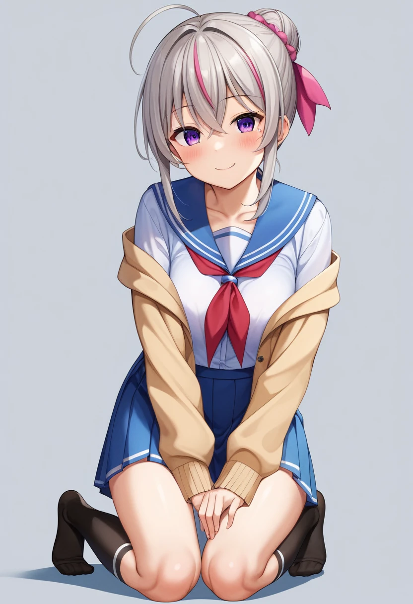 1 girl、One person、chest、Staring at the audience、smile、bangs、skirt、Big Tits、Simple Background、shirt、Knee socks、Long sleeve、White background、school uniform、Purple Eyes、clavicle、白いshirt、Ahoge、Grey Hair、プリーツskirt、chest元が開いた服、Sailor suit、黒Knee socks、Sailor collar、Off the shoulder、Hair Bun、mole、smile、neckerchief、Sleeves are longer than the wrist、目の下のmole、Double Odango、Leaning forward、cardigan、緑のskirt、黄色のneckerchief、chest元が開いたcardigan、、chest元が開いたSailor suit、緑のSailor collar、Place your hands on your thighs、chestの谷間、No eye highlights