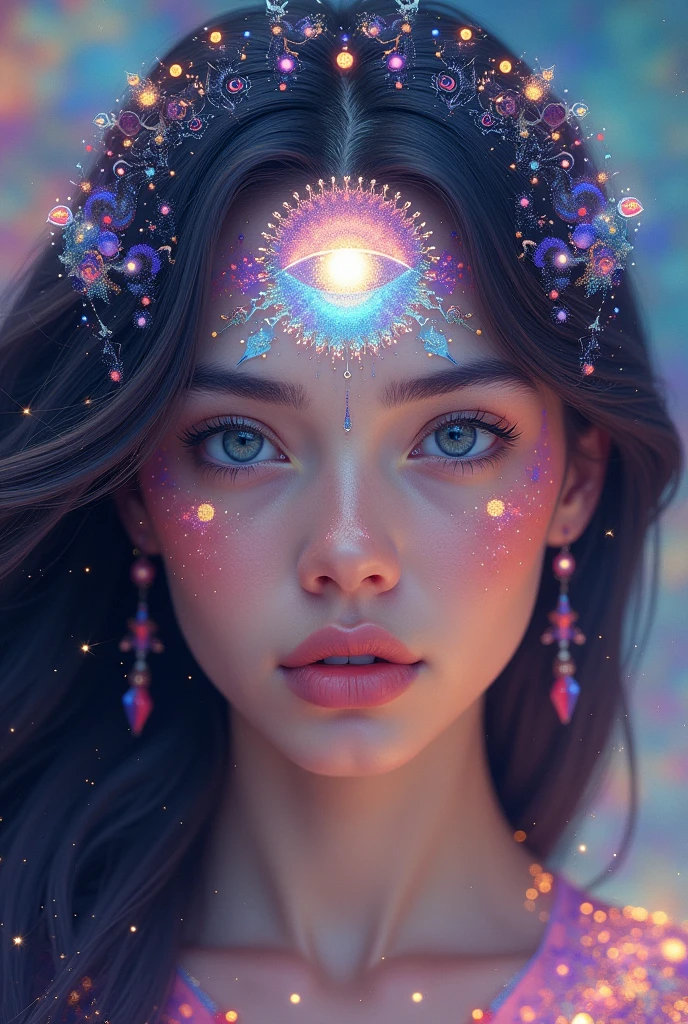 {young beautiful woman, intricate psychedelic patterns, vibrant colors, flowing hair, mesmerizing gaze, detailed skin textures, otherworldly beauty, cosmic elements} 
type: portrait, 
art style: {psychedelic, Alex Grey, surreal, visionary art}, 
environment: {calm and dreamy background, soft pastel colors, subtle swirling nebula, gentle fractal patterns}, 
details: {glowing aura, third eye, symmetrical patterns, intricate details, spiritual symbols}, 
lighting: {soft glow, ethereal light}, 
camera: {close-up shot, focused on face}, 
render: {ultra-detailed, high-definition, 8K resolution, vibrant yet soft color scheme}