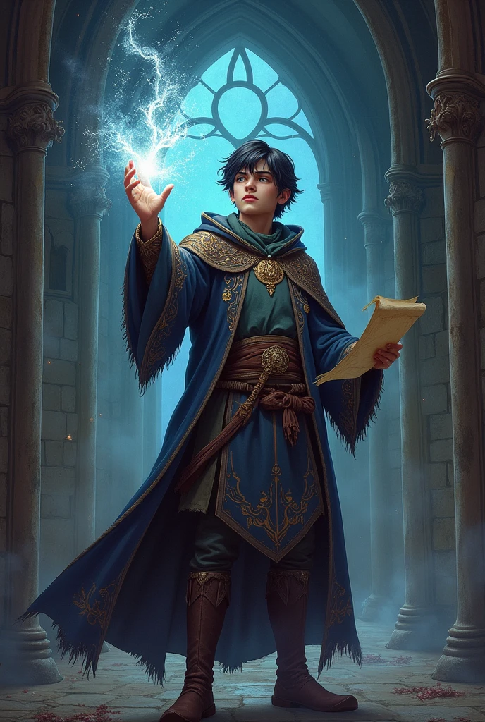 Make a well-designed book cover, A young man, white man with short, thin black hair, in medieval times doing black magic with one hand and a scroll in the other