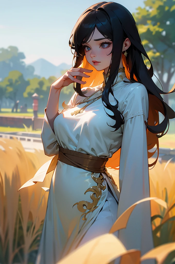 a girl with long black hair, beautiful detailed eyes, beautiful detailed lips, beautiful detailed face, large breasts, realistic, photorealistic, photo-realistic:1.37, (best quality,8k,highres,masterpiece:1.2),ultra-detailed, HDR, UHD, studio lighting, extremely detailed, vivid colors, dramatic lighting, cinematic, elegant, intricate, porcelain skin, flowing dress, serene outdoor landscape, golden hour, dramatic shadows