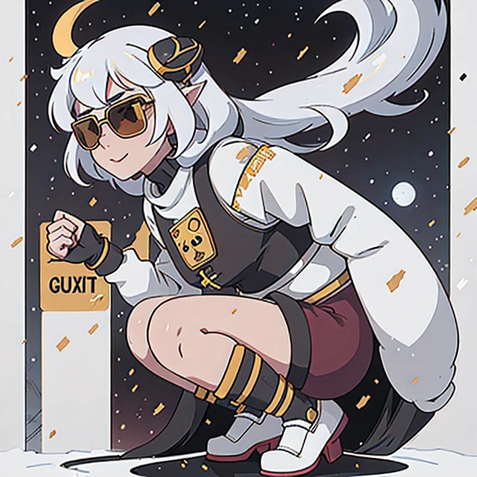 Lunar snow area Big Horned Ghost Golden Sheep Wearing Future Black Gold Silk Space Suit Space Squatting 1:900 miniatures,Realistic Painting,
Wear reflective black sunglasses,Full body portrait,Side View,Tulle Chest Protector,Burgundy Leggings,Squatting with clenched fists,very happy,Movie Light,Lunar snow area,8k