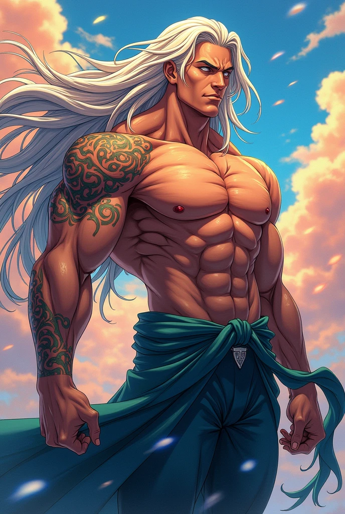A man wiht strong body but thin and long hair.Anime style