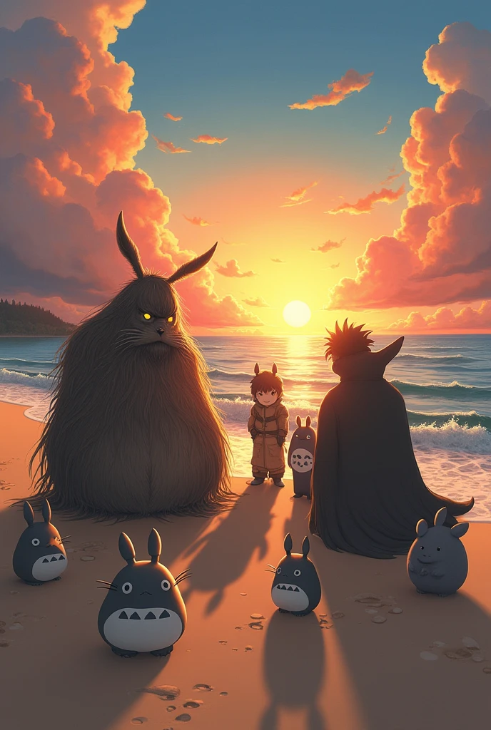 generates an image of all these characters on a beach, howl castle vagabond , The Boss Metal gear solid, Ganondorf, Sephiroth, , surrounded by totoros watching the sunset
