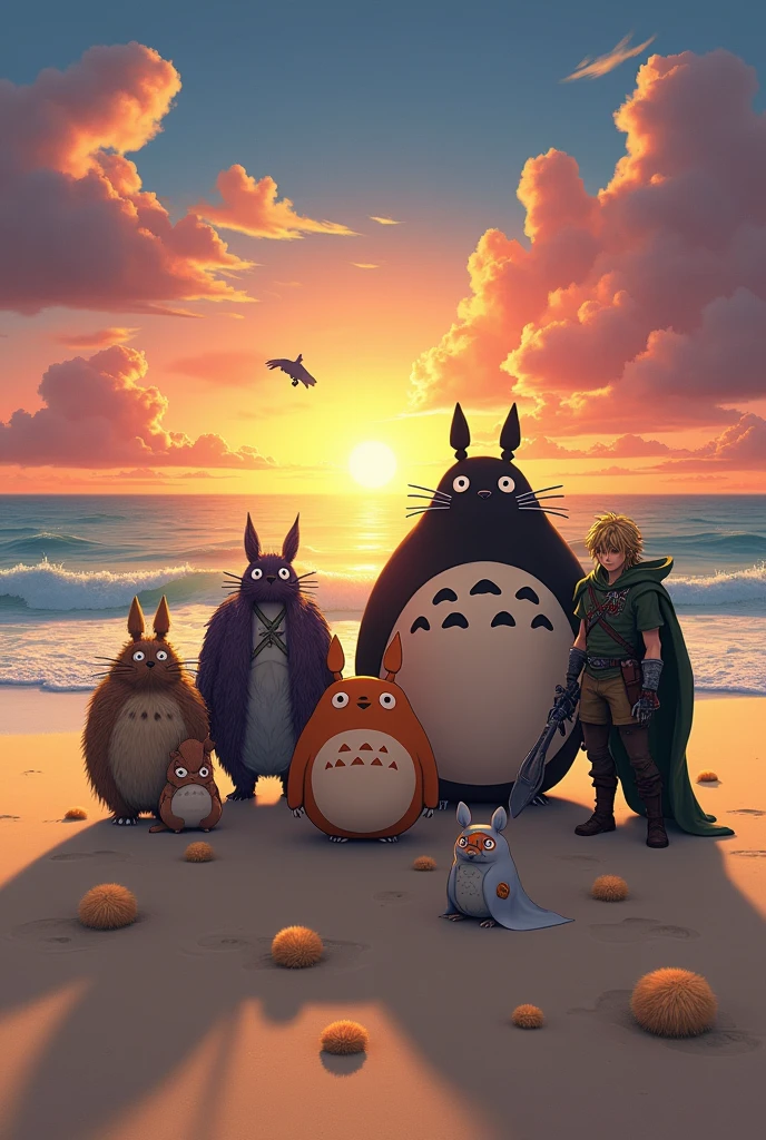 generates an image of all these characters on a beach, howl castle vagabond , The Boss Metal gear solid, Ganondorf, Sephiroth, , surrounded by totoros watching the sunset