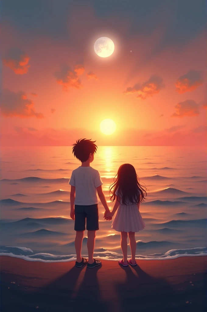 The white moon, at sunset at sea, sunset, A boy watching the sunset with a girl by the hand