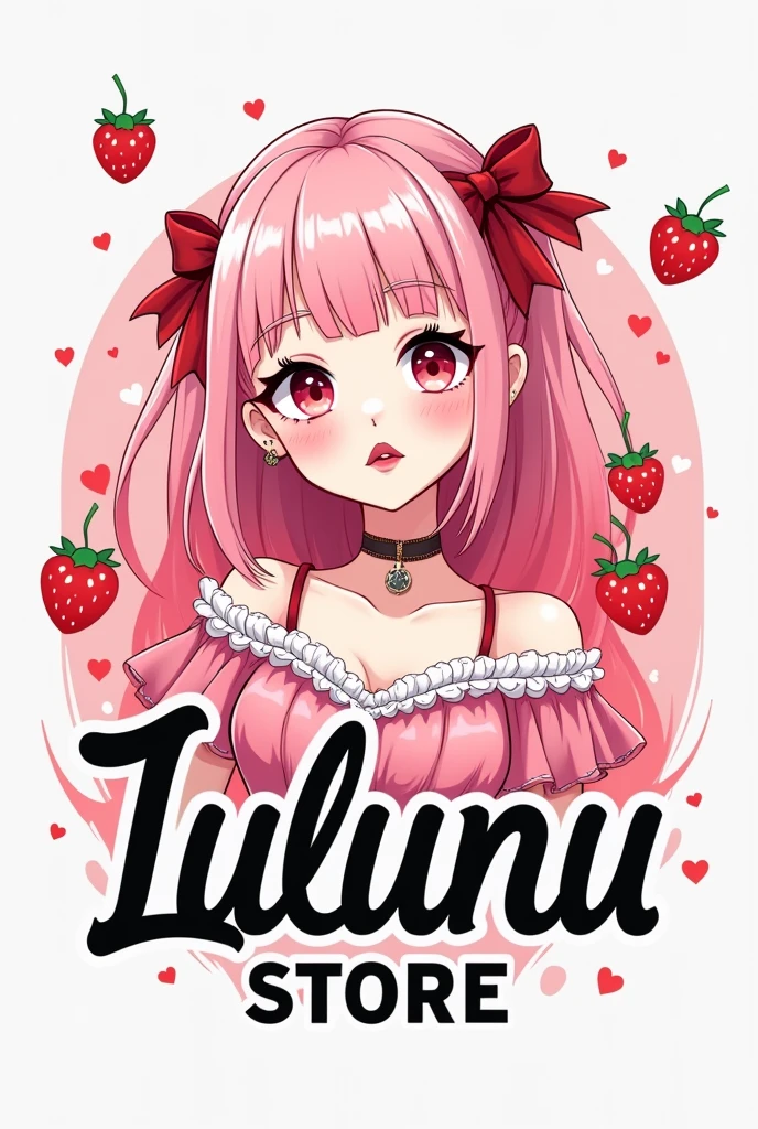 Create a small logo for a brand called "Lulumu Store" that has pink colors, red , black and white, a little bit of strawberries and a girl with pastel pink hair dressed as a ta with a sexy body
