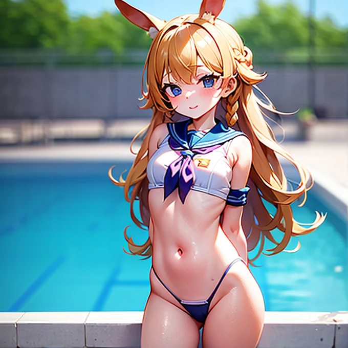 The background is the school pool, There are many female students in the background, A fusion of sailor uniform and school swimsuit, Model pose, Bunny ears, Thick eyebrows, Girl Brat, small, Braid, Beautiful blonde, Braid, (masterpiece), ((Highest quality)), (Very detailed), Full body anime girl, Beautiful and detailed face, Five Fingers, Fabric Shading, Perfect Human Anatomy, Perfect Anatomy,