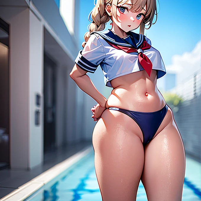 The background is the school pool, There are many female students in the background, A fusion of sailor uniform and school swimsuit, Model pose, Bunny ears, Thick eyebrows, Girl Brat, small, Braid, Beautiful blonde, Braid, (masterpiece), ((Highest quality)), (Very detailed), Full body anime girl, Beautiful and detailed face, Five Fingers, Fabric Shading, Perfect Human Anatomy, Perfect Anatomy,