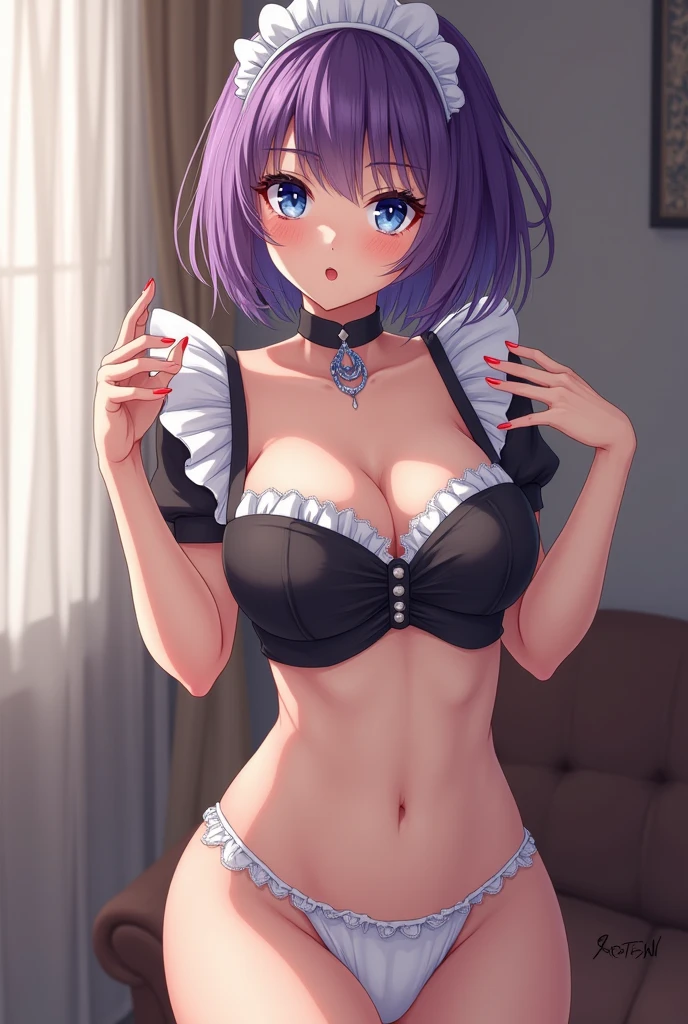 dressed as a maid, showing tight panties, pussy swallowing av, SIN , breasts big, with a naughty face, purple short hair, very blue blue eyes , short purple hair , showing her big pussy, with big vagina , innocent chinese , making a gesture of sucking dick without anything