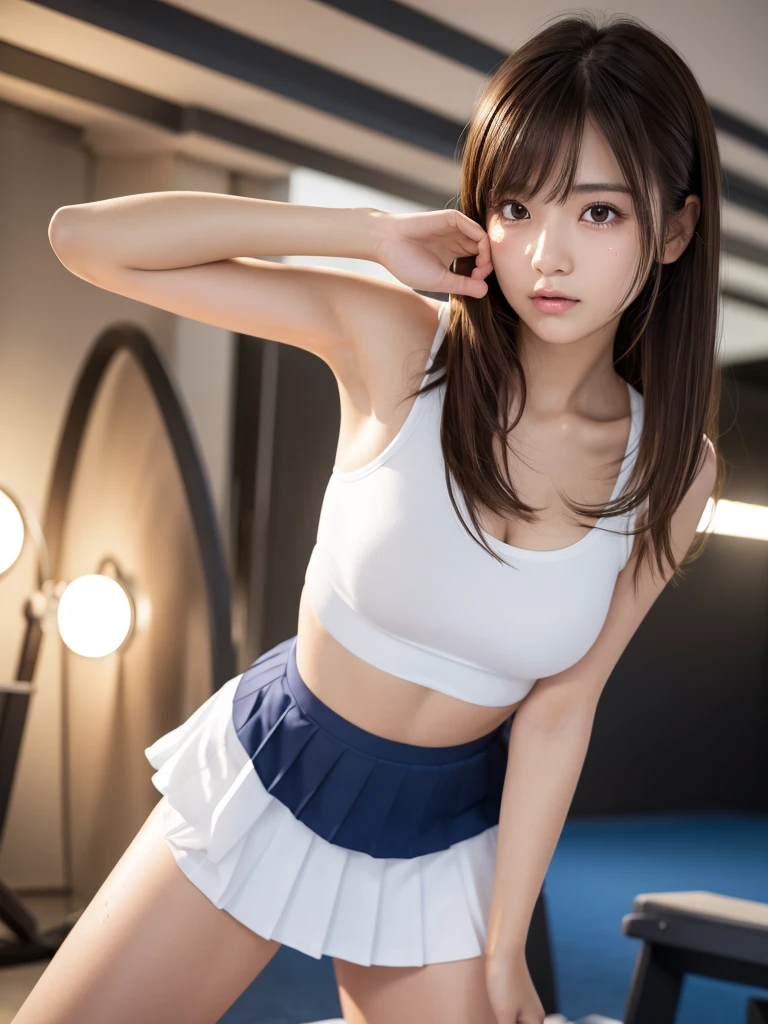 Product quality,1 girl,Cowboy Shot,Front view,Thigh Emphasis,(Knee-deep shots:1.3),Young and sexy Japanese girl,18-year-old,Tennis court,Wearing designer tennis wear,(White ultra short micro pleated mini skirt),wear,No underwear,((Small Head,face:0.4))超かわいいface,赤ちゃんのface,Glossy Lips,Big eyes,Double eyelids on both eyes,(Natural Makeup),Brown eyes,Small and cute nose,shiny smooth light brown hair with long hair,,Asymmetrical bangs,Center image,8k resolution,Attention to detail,Detailed hairstyle,詳細なface,Cinema Lighting,Octane Rendering,Ultra-realistic,Perfect limbs,Voluptuous thighs,Huge breasts, Soft Skin,(Glowing Skin, Sweaty: 1.3), Spread your legs,Provocative dynamic pose,
