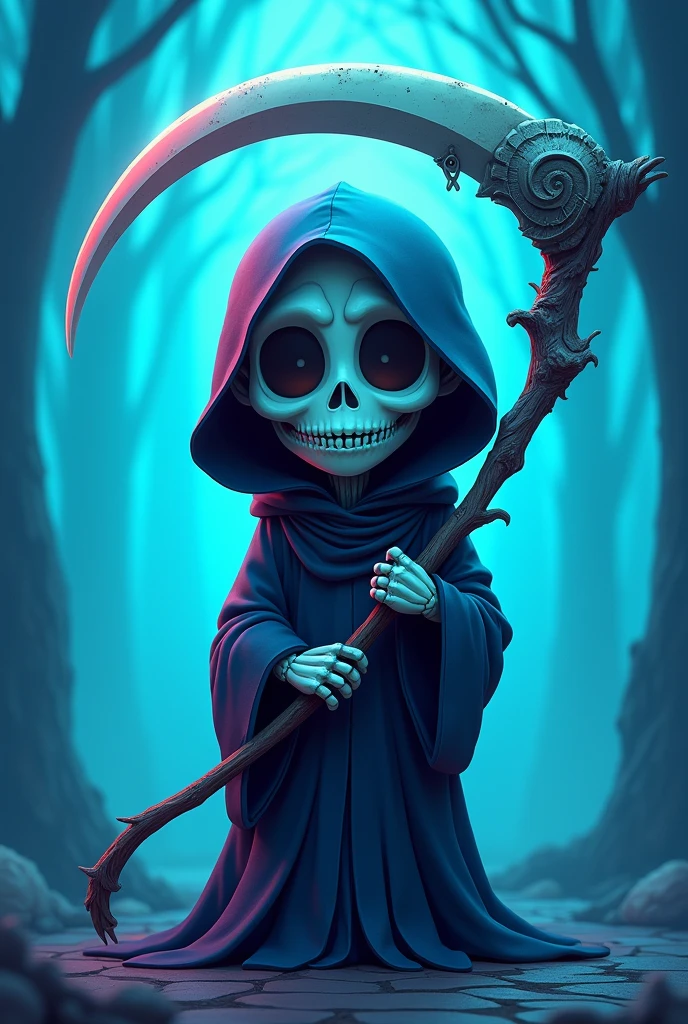 eyes, big eyes a small ((bleached skull) as face) (kawaii death) with a (big scythe), wearing a dark black hooded robe, (cute (skull:1.2)), skull face,