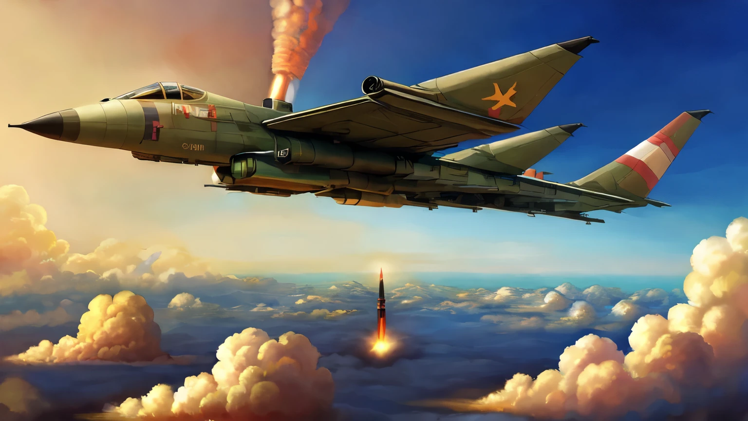 ((best quality)), ((masterpiece)), (detailed), nukes missiles flying 