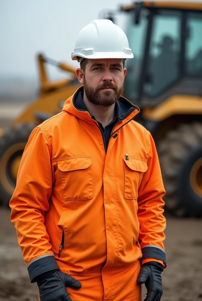 GENERATE A SAFETY ENGINEER WITH A FULL-BODY WHITE HELMET AND A HEAVY MACHINERY BACKGROUND
