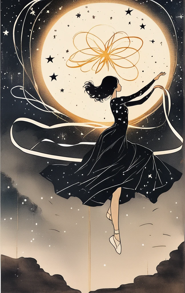 A girl is dancing rhythmic gymnastics ribbon surrounded by the Andromeda Galaxy in a starry sky. The background is black and around the silhouette of the girl are white stars and lines forming the Andromeda Galaxy. Olympic rings symbol, light art installation style, high resolution, dreamy effect, fantastic landscape, minimalist design.