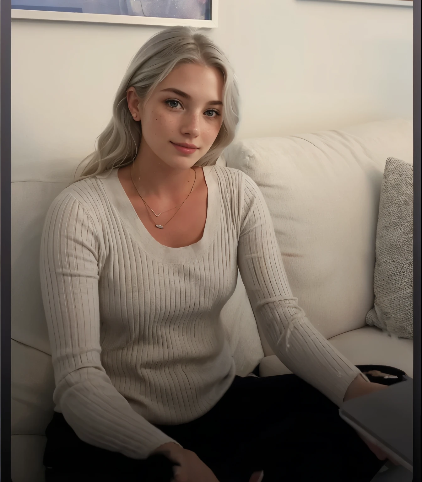 Face of a woman, americana, age 25, pale skin and freckles, grey-eyed, delicate nose, soft and delicate lips, Long Wavy Gray Blonde Hair, Sweet smile, cabelo solto e cheio