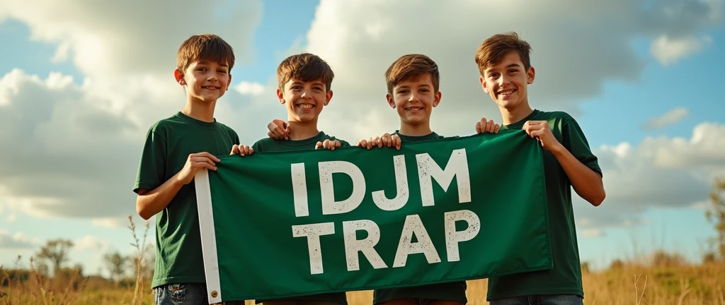 Make 4 boys holding a flag that says IDJM TRAP with green shirt