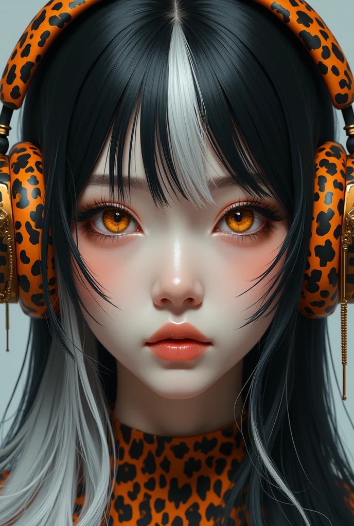 (photorealism:1.2), beautiful androgynous half-woman half-man with Asian facial features inside the left pupil a xy, inside the right pupil a xx ,long smooth hair in black and white and dyed caramel that wears a leopard pattern headphones with feathers, on the right cheek the key of F, on the left cheek the key of C, in the center of the forehead the key of G